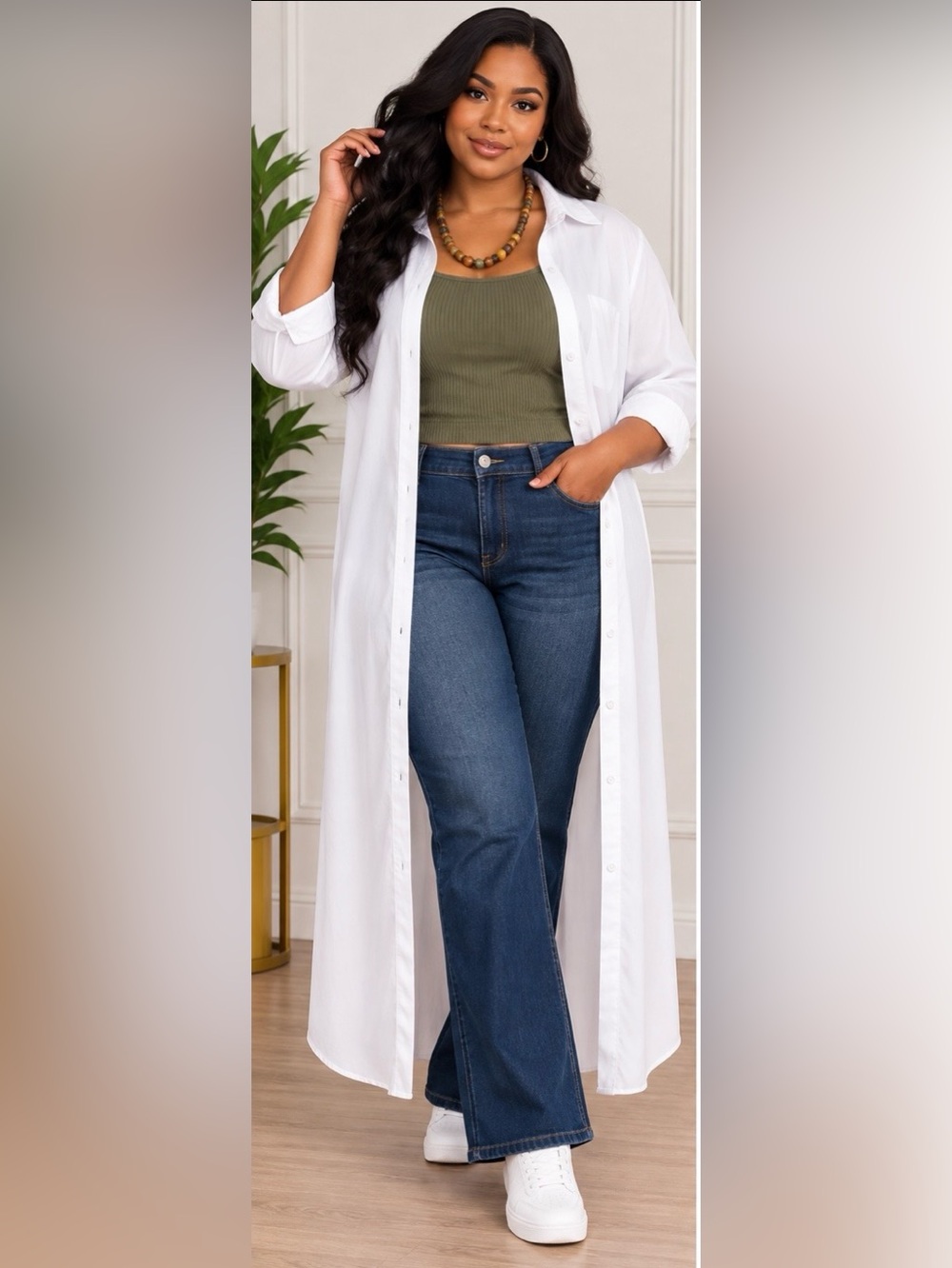Elegant White Long-Sleeve Button-Front Shirt Dress - Picture 6 of 9